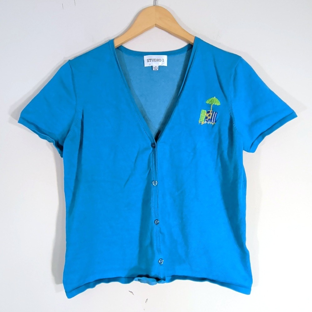 Studio I Blue Cardigan; Silk Blend Short Sleeve Beach Chair Embroidery